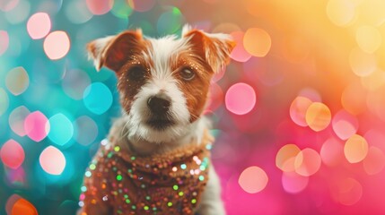 Disco Glam Puppy, A vibrant Jack Russell Terrier puppy dazzles in a glittering sequin outfit, perfect for party invitations or editorial advertisements with a fun, festive theme.