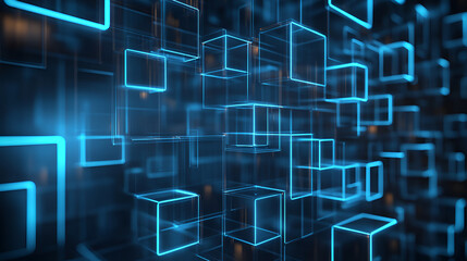 Abstract digital design featuring glowing blue cubes on a dark background representing technology and innovation trends