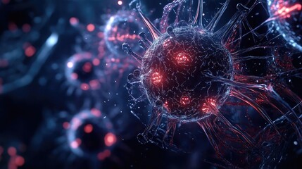 Close-up view of a glowing virus cell showcasing intricate details and vibrant colors in a dark environment.