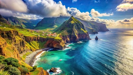 An awe inspiring stock photo showcasing the untamed beauty of Madeira a Portuguese island nestled in the vastness of the Atlantic Ocean, Atlantic, natural wonder, dramatic cliffs