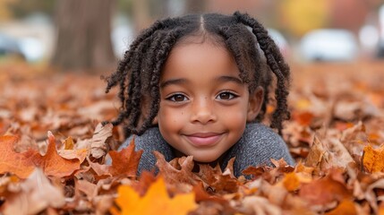 A young child with curly hair smiles warmly while lying on a vibrant bed of autumn leaves in a park, capturing the essence of fall with a joyful expression