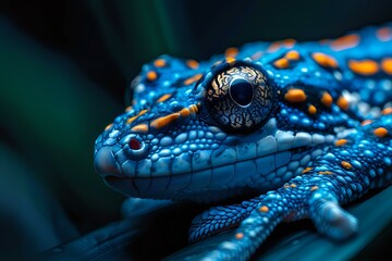 A close-up shot of a vibrantly colored gecko with intricate blue and orange patterns on its skin, showcasing the beauty of exotic reptiles. Ideal for wildlife, nature, and biodiversity themes.