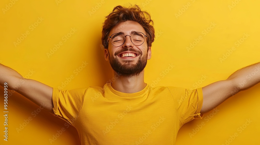 Wall mural Happy Man with Glasses and Yellow T-Shirt Against a Yellow Background