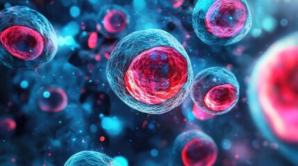 Close-up view of colorful cells, showcasing intricate details and vibrant colors, ideal for scientific and medical themes.
