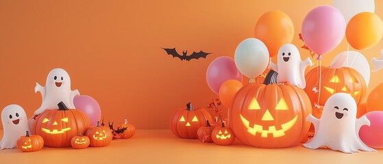 Fototapeta premium Cheerful Halloween scene with carved pumpkins, playful ghosts, and colorful balloons, perfect for festive celebrations.