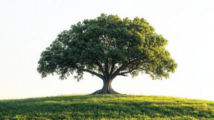 Fototapeta premium Lone tree with lush foliage stands on a grassy hill under a clear sky, symbolizing nature, growth, and serenity in this beautiful landscape scene.