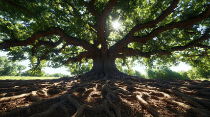 Fototapeta premium Majestic oak tree with sprawling branches and intricate root system under a bright sunlit sky in a verdant landscape.