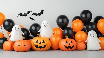 Festive Halloween decorations featuring playful ghosts, pumpkins, and vibrant balloons in black and orange hues.