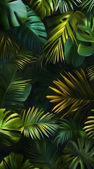 A background of dark green palm leaves with vibrant colors, creating an exotic and lush atmosphere