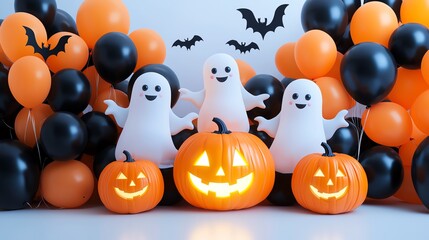 Festive Halloween scene with playful ghosts, glowing pumpkins, and vibrant balloons in black and orange, perfect for celebration themes.