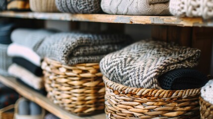 Obraz premium Storage Baskets: Made of woven materials, fabric, or plastic, these baskets store gloves, scarves, and other small items. Often placed on shelves or under benches. 