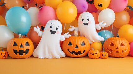 Cheerful Halloween scene with playful ghosts and vibrant balloons alongside carved pumpkins, perfect for festive decorations.