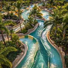 Fototapeta premium Panoramic view of a waterpark with lazy rivers, slides, and palm trees, creating a tropical atmosphere