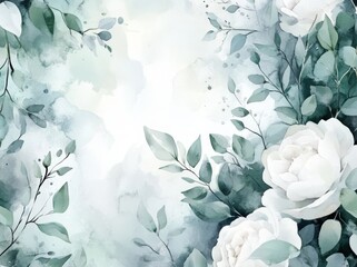 Decorative watercolor border of white and creamy peonies, ivory roses, sage green foliage, greenery, and eucalyptus leaves for wedding invitations.