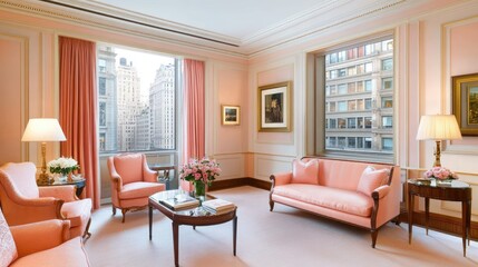 Fototapeta premium This elegant living room showcases sleek furniture arranged around two coffee tables, complemented by light wood paneling, white walls, and vibrant greenery, all under warm natural light
