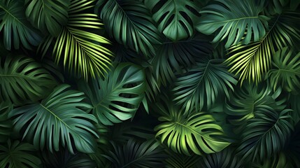 A background of dark green palm leaves with vibrant colors, creating an exotic and lush atmosphere