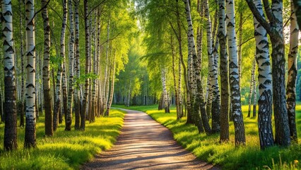 Obraz premium pathway, July, summer, birch grove, A minimalist pathway meanders through a sunny birch grove in the vibrant month of July