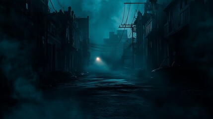 Fototapeta premium Mysterious fog envelops an empty street at night with a solitary light illuminating the darkened surroundings