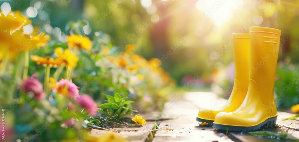 Aufkleber a pair of yellow rain boots are on a path in a garden