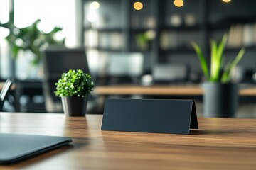 Blank Nameplate on Wooden Table in Modern Office
