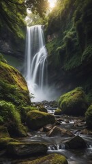 Fototapeta premium Majestic Waterfall Cascading Over Rocks Surrounded by Lush Green Forest in Early Morning Light.