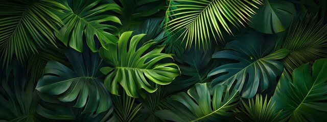 A background of dark green palm leaves with vibrant colors, creating an exotic and lush atmosphere