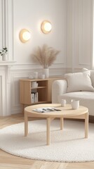 This elegant living room showcases sleek furniture arranged around two coffee tables, complemented by light wood paneling, white walls, and vibrant greenery, all under warm natural light