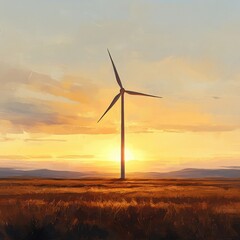 Obraz premium Tranquil Sunset Wind Farm - Renewable Energy Digital Painting in Warm Tones on White Background