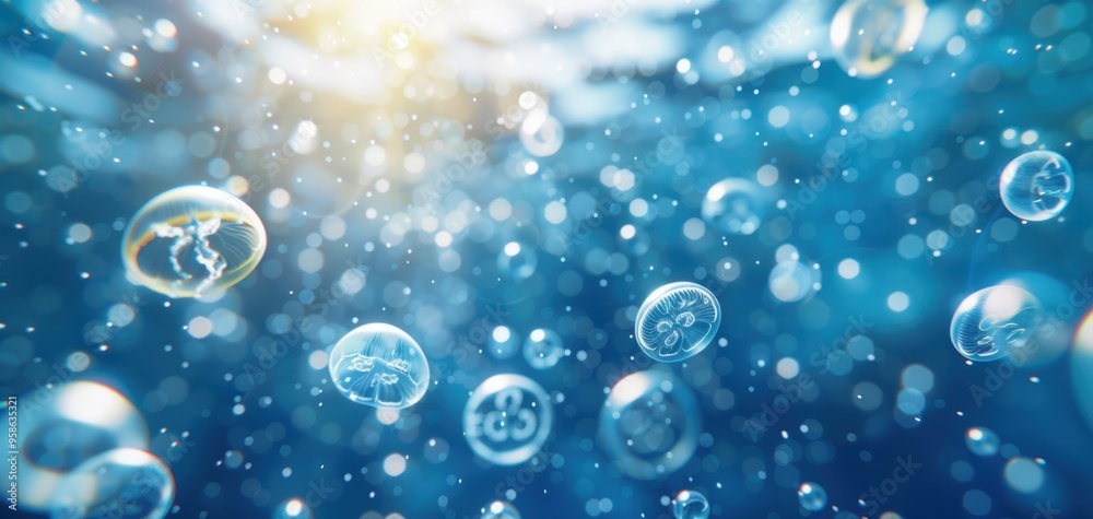 Poster a blue ocean with many bubbles floating in it