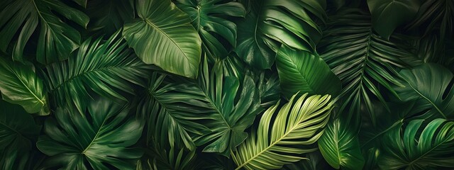 A background of dark green palm leaves with vibrant colors, creating an exotic and lush atmosphere