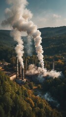 Industrial factories emitting thick smoke near a lush green forest.
