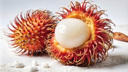 Two Rambutan Fruits, One Split Open Revealing Its White Flesh