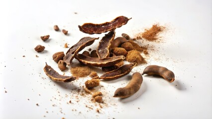 Obraz premium Dried Tamarind Pods and Powder on White Background