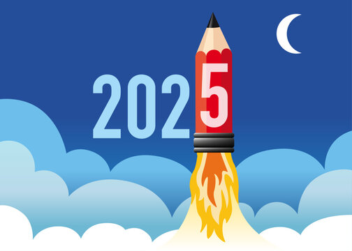 Illustration of a pencil-shaped rocket taking off symbolizing the energy of a young company wanting to succeed and achieve its goals for the year 2025.