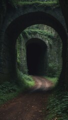 Obraz premium A dark tunnel within the middle of a lush green forest.