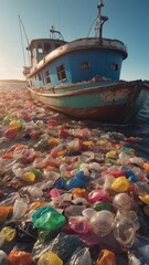 Obraz premium abandoned fishing boat floats in masses of plastic waste floating in the sea.