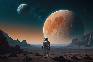 Captivating landscape featuring astronaut exploring an alien planet with two moons in the sky....