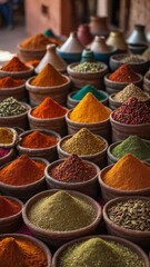 Fototapeta premium An array of colorful spices are on display at a bustling Moroccan market in Marrakech, inviting visitors to explore the rich culinary traditions of Morocco.