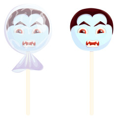 Halloween vampire hard candy. Scary evil monster lollipop. Trick or treat