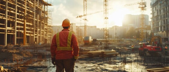 A construction worker in a safety vest stands in front of a building