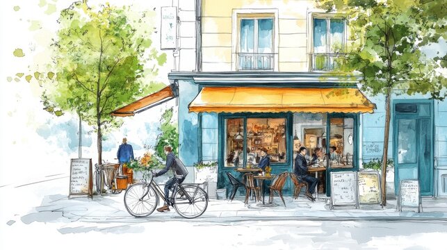 Watercolor Illustration of a Parisian Cafe with a Cyclist
