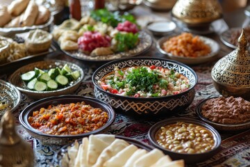 Fototapeta premium A vibrant spread of Middle Eastern dishes on a decorative table.