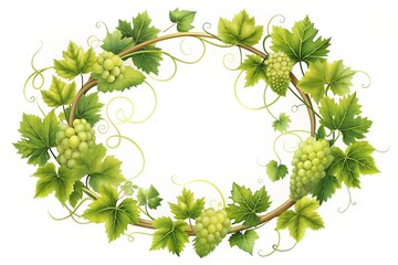 A detailed illustration of a fresh grapevine circle border with intricate tendrils and leaves placed on a clean white background, grapevine, winery, frame, leaves, decoration, natural