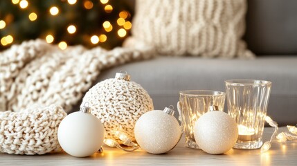 Obraz premium The living room features a beige sofa and a beautifully decorated coffee table with lighted ornaments and candles, capturing the spirit of the holiday season