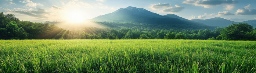 Fototapeta premium Serene sunrise over a lush green field with majestic mountains in the background, capturing the beauty of nature and the tranquility of the countryside.