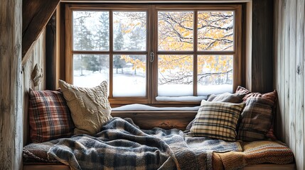 Cozy Window Seat with Winter View and Plaid Pillows