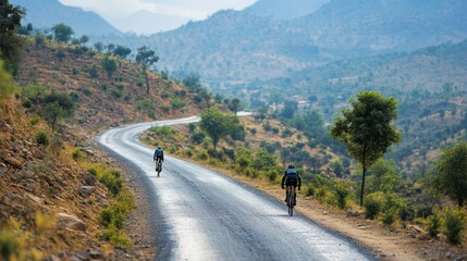 Cyclists Riding on Winding Road Through Mountain Landscape