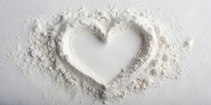 wide-angle shot, white, background, cosmetic, heart, wide-angle, White powder on white background with a heart shaped pattern suitable for cosmetic or beauty related themes