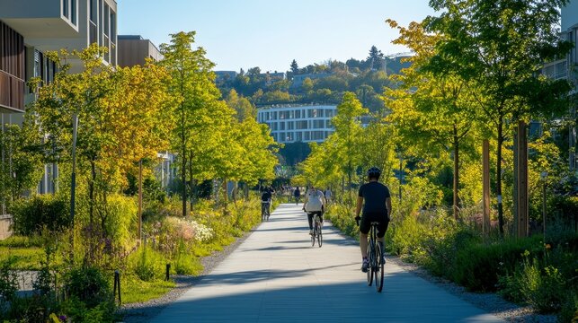 Cyclists riding on a paved path through a green urban park with modern architecture