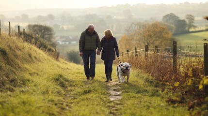 Couples Walking with Dog in Countryside